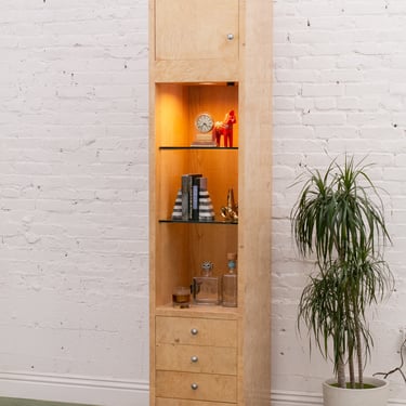 Birds Eye Maple Narrow Display Cabinet with Drawers