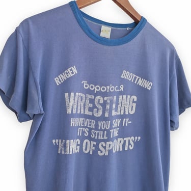 vintage wrestling shirt / 70 Russell shirt / 1970s faded blue Wrestling Russell Athletic cotton t shirt Small 