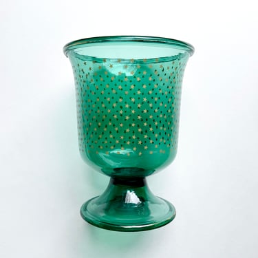 Antique Art Deco Green Glass Urn Form Vase w/ Gold Stars, Likely Murano / Empoli 