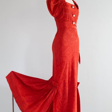 Fabulous 1930's Crimson Watermark Moiré Snowball Bias Cut Evening Gown / Small