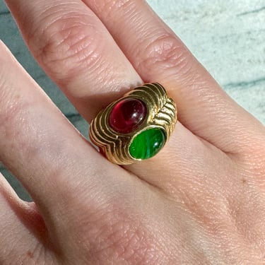 Marbled Green Red Glass Cabochon Gold Ring Size 6