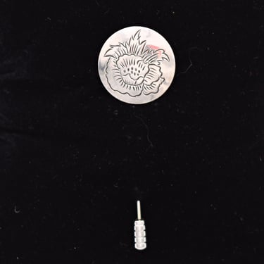 80's Kirk sterling 26-8 poppy flower collar stick pin, classic 925 silver floral hat lapel pin 