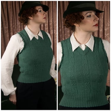 1940s Sweater Vest - Sporty Vintage Menswear c. Late 30s-1940s Barclay Cable Knit Vest in Teal Spruce Green 