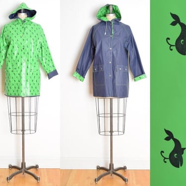 vintage 70s vinyl raincoat navy green whales print reversible jacket slicker M L clothing 