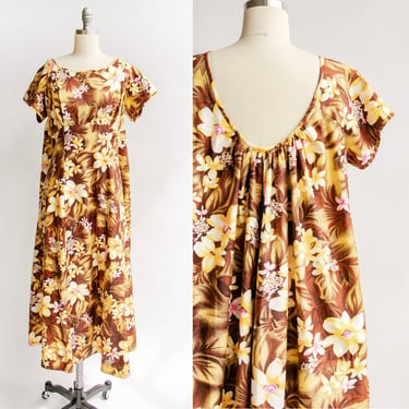 1970s Dress Hawaiian Cotton Maxi Gown L 