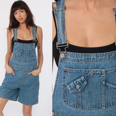 90s Denim Overalls No Boundaries Jeans Shorts Bib Shortalls Women Grunge 1990s Blue Shorts Denim Vintage Small 