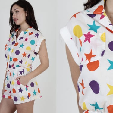 Rainbow Print Stars Romper With Pockets / White Americana Style Playsuit / Vintage 80s Belted Waist Mini Shorts 