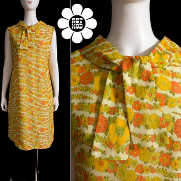 Bright Happy Vintage 60s 70s Yellow Orange Green Rows of Flowers Sleeveless Shift Dress 