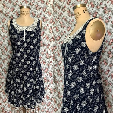 1990's Navy and White Floral + Lace Mini Dress 