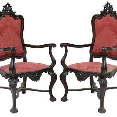 Armchairs, Spanish Baroque Style, Ebonized, Red Damask, Two, Pair, Vintage!!