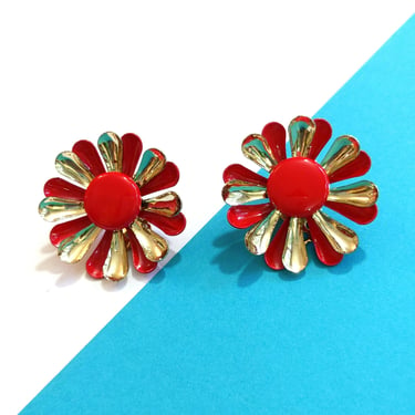 Mod Vintage 60s 70s Red & Gold Metal Flower Clip-On Earrings 