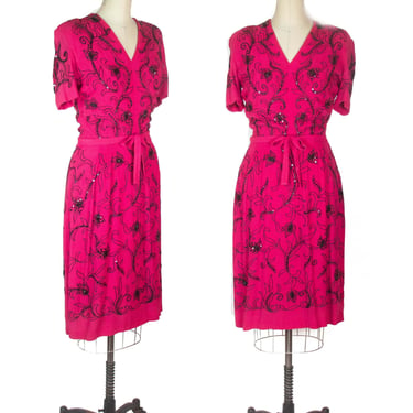 1940s Dress ~ Fuchsia Pink and Black Chain Stich Embroidered Sequin Dress 