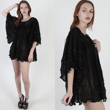 Black Cotton Gauze Micro Mini Dress / Vintage Mexican Crochet Kimono Sleeves / Sheer Angel Bell Sleeves / Womens Vacation Cover Up Dress 
