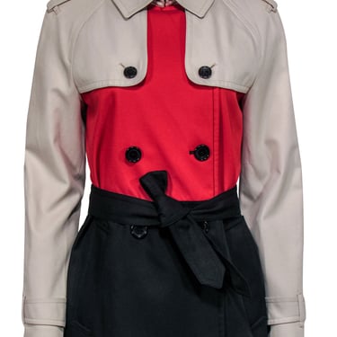 Coach - Beige, Black & Red Colorblocked Trench Coat Sz M