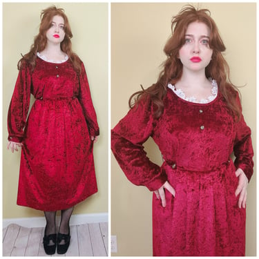 1980s Vintage Brett Alixander Plus Size Velvet Dress / 80s Maroon Crushed Velvet Lace Trim Holiday Dress / Size 18/20 