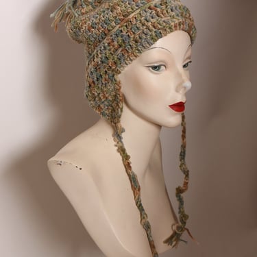 1970s Green and Brown Earth Tone Handmade Crochet Winter Stocking Cap Hat 
