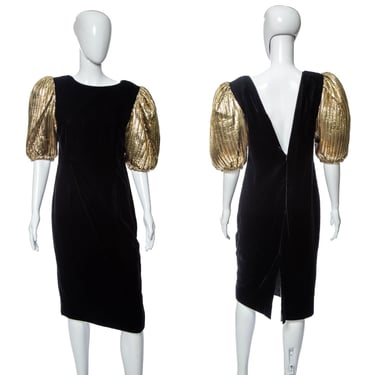 1980's George F. Couture Black and Gold Knee Length Dress Size M/L