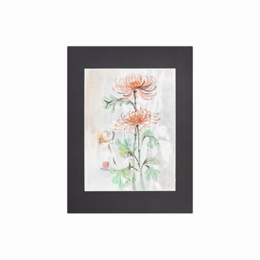 Sumi-e Watercolor Brush Painting on Paper Still Life Chrysanthemum Flowers 