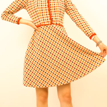 1970s Double Knit Poly Orange Check Plaid Skater Dress