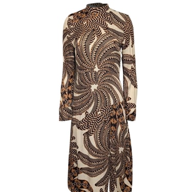 Farm - Cream, Gold, & Black Print Long Sleeve Midi Dress Sz S