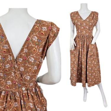 Vtg 1980's Ralph Lauren Tan Calico Ditsy Print Cotton Pinafore Dress I Sz Sm I Cottagecore 