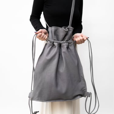 Oversized Grey Leather Drawstring Straps Backpack