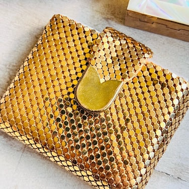 vintage 50s gold mesh mother of pearl lipstick compact, 1950s makeup case, compact purse, travel mirror, powder case, vintage accesories 