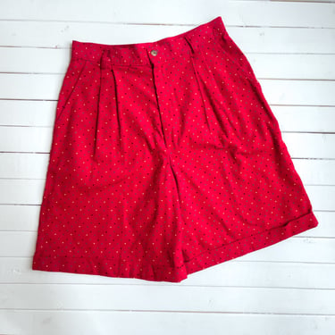 high waisted shorts | 80s 90s vintage Hunt Club red rainbow polka dot corduroy pleated shorts 