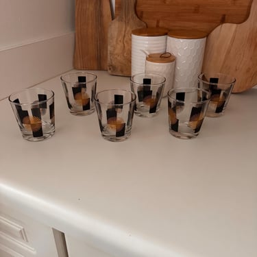 Vintage Black Gold MCM Anchor Hocking Atomic Starburst Rocka Glasses | Set of 6 