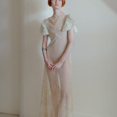 1930s embroidered net tea gown taffeta flutter sleeves art deco 