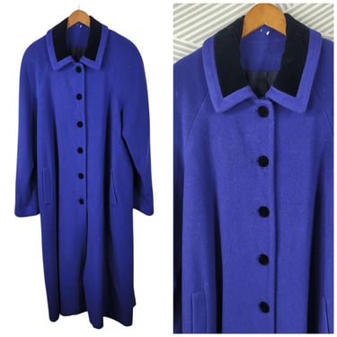 Vintage Wool Plus size 20 Tall Overcoat Coat Winter Long Trench Velvet Trim Blue 