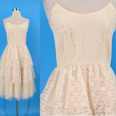 Vintage 80s XXS Cream Beige Lace Tiered Spaghetti Strap Prom Dress 