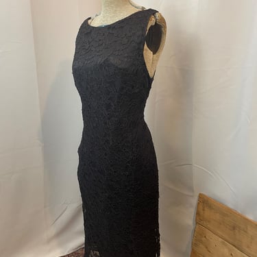 1990s Vintage Black Lace Column Dress Boat Neck 10 M 