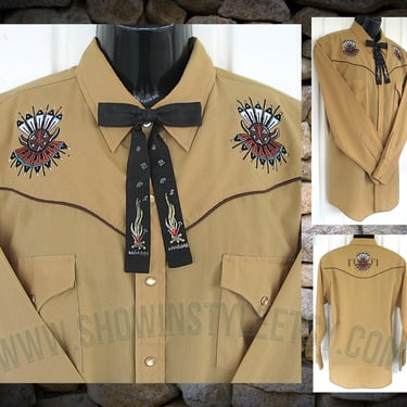 Ely Diamond Vintage Retro Western Men's Cowboy & Rodeo Shirt, Beige with Native American Embroidery, Approx. XXLarge (see meas. photo) 