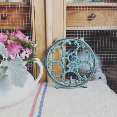 Beautiful vintage French cast iron turquoise trivet- CT1 