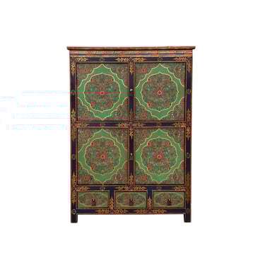 Tibetan Style Lotus Green Geometric Graphic Credenza Storage Cabinet ws4617E 