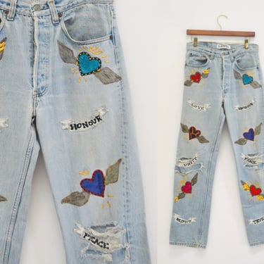 80s Vintage Leslie Hamel Jeans Pants Vintage Levis Hand painted Love Peace Denim Jeans Levis Pop Art Vintage Levis Medium Jeans Madonna 