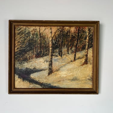 1960's Vintage Impressionist Winter Landscape Painting , Framed 