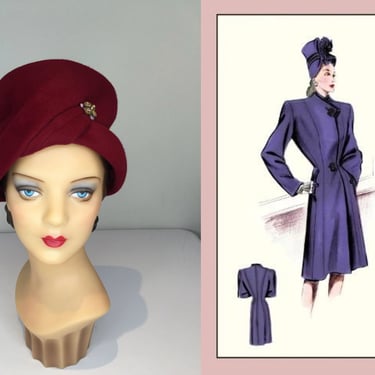 Power Trips - Vintage 1940s Oxblood Burgundy Fur Felt Large Turban Styled Hat 