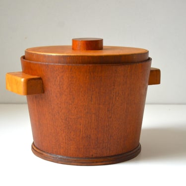 Vintage Wooden Ice Bucket with Birch Wooden Handles and Mercury Glass Insert, by Thermos, 1940s-50s 