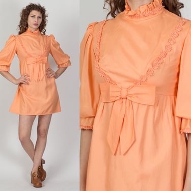 70s Orange Sherbet Puff Sleeve Mini Dress - Small to Petite Medium | Vintage Boho Half Sleeve Prairie Dress 