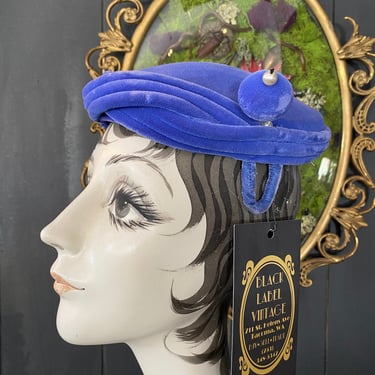 1950s hat, blue velvet, vintage hat, mid century | Black  display picture 1