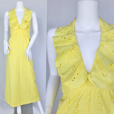 1970's Sunny Yellow Eyelet Poly Cotton Halter Dress I Sz SM I Daffy Ca. 