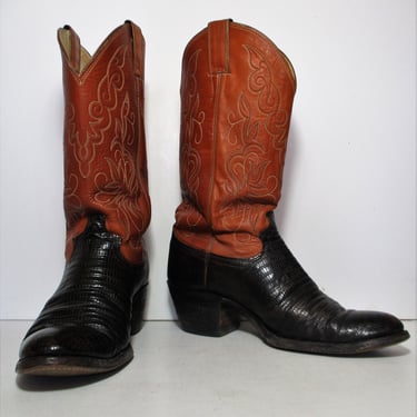 Vintage Justin Black Brown Lizard Cowboy Boots, Size 8D Men 