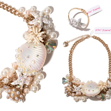 Modern 1960s Style Jewelry Set | BETSEY JOHNSON Rhinestone Seashell Sea Shell Beaded Pearls Novelty Necklace Clamper Bracelet Deadstock NWT 