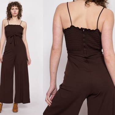 70s Chocolate Brown Flared Leg Jumpsuit - Small to Medium | Vintage Ruched Sleeveless Retro Bell Bottom Disco Pantsuit 