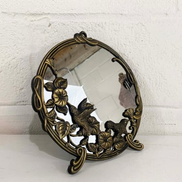 Vintage Vanity Mirror Andrea by Sadek Desk Hummingbirds Trumpet Vine Brass Freestanding Folding Tabletop 1970s 