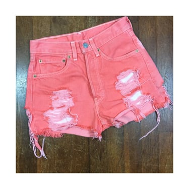 Vintage LEVI'S 501 Cutoffs Jean Shorts Distressed Bright Coral Button Fly 90s W 26 