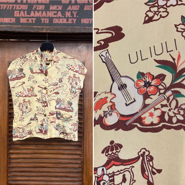 Vintage 1940’s “Land of Aloha” Rayon Hawaiian Tea Timer Shirt Top, 40’s Hawaiian Shirt, 40’s Tiki Print, Vintage Clothing 