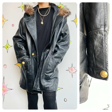 Vintage 80s 90s Black Leather Trench Coat | Goth Grunge Hooded w/ Fur Trim | S 